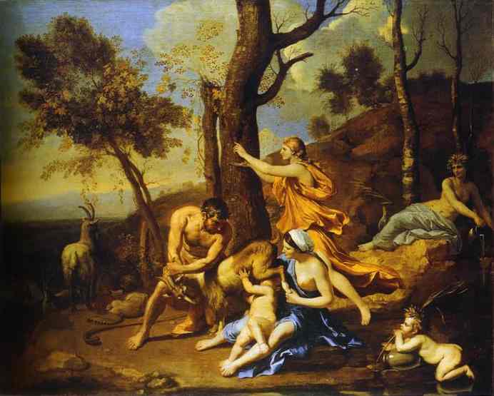 Quadro l'infanzia di Zeus di Poussin, dove il dio si fa allattare dalla capra Amaltea