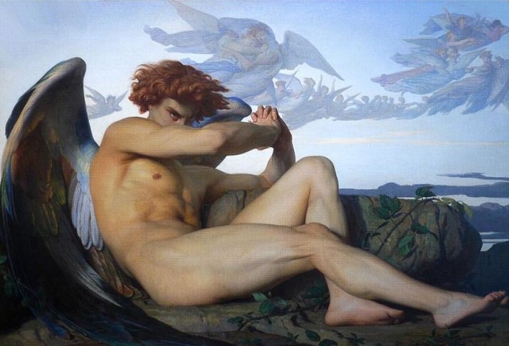 Alexandre Cabanel, l’angelo caduto e particolare sul volto, 1868, Museè Fabre di Montpellier