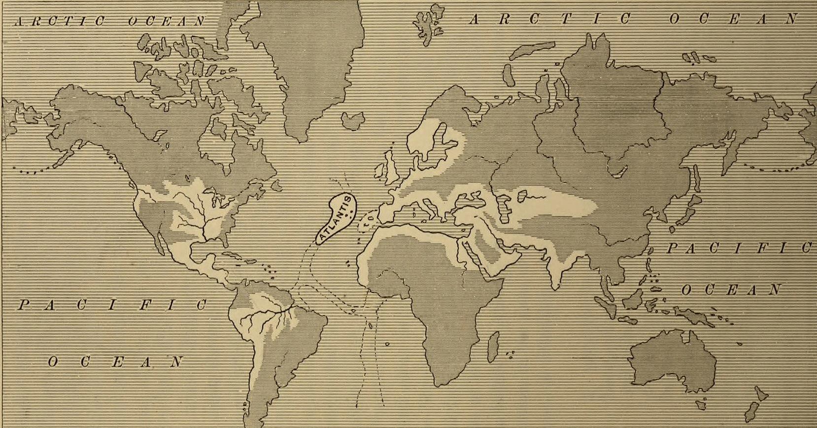 L'ipotetica estensione dell'impero di Atlantide da Atlantis: the Antediluvian World di Ignatius Donnelly, 1882