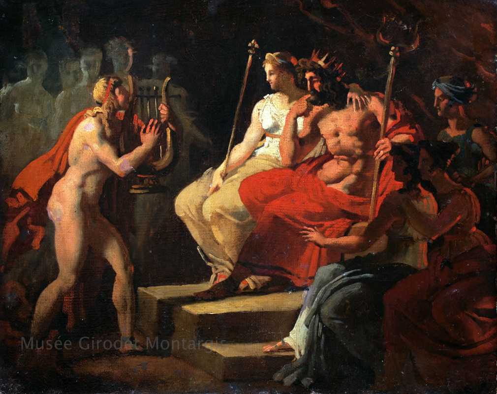Orfeo agli inferi supplica Ade di ridargli Euridice, in un altro famoso mito legato al Dio dipinto da Joseph Ferdinand Lancrenon nel 1810. Opera custodita al Musée de Montargis