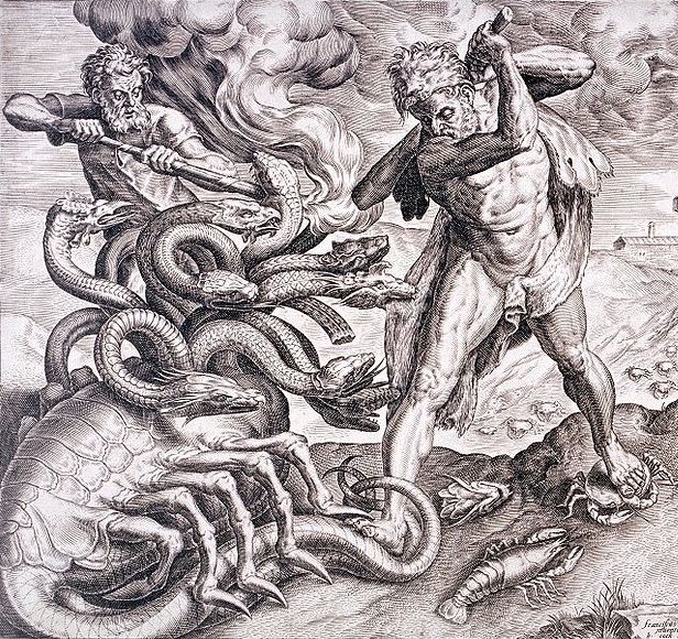 Eracle uccide l’Idra, illustrazione di Cornelius Cort. In basso a destra è possibile vedere il granchio Carcino schiacciato sotto il piede dell’eroe