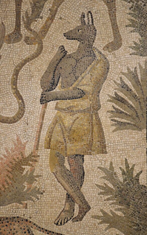 Dettaglio di Anubi in foggia greco-romana, in un mosaico di una villa romana del II-III secolo d.C. Rimini, Museo della Città.